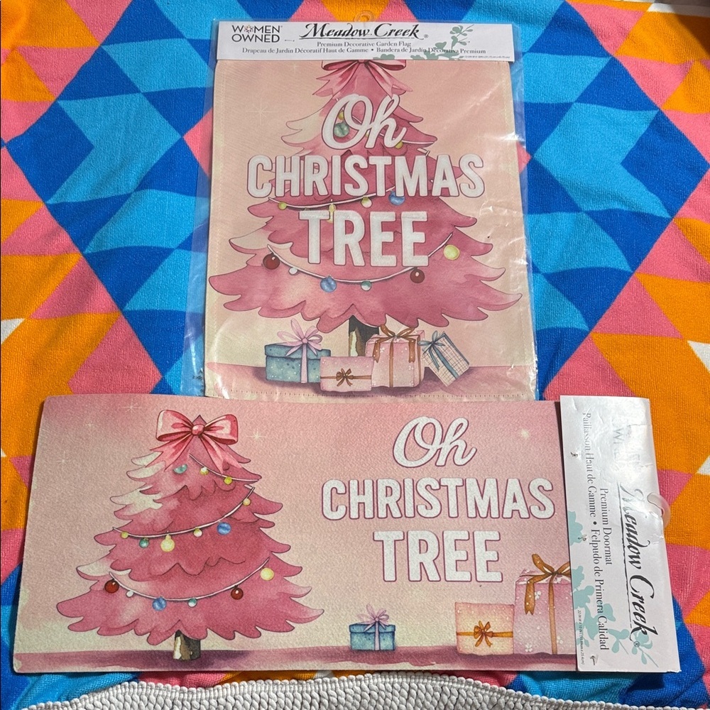 Pink 'Oh Christmas Tree' garden flag and door mat